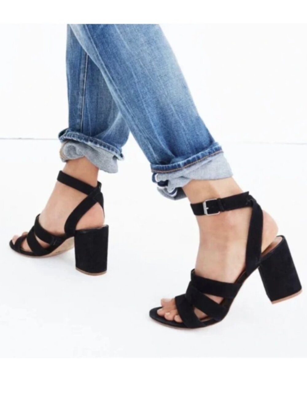 Madewell Maria Black Strappy Suede Heel Sandals